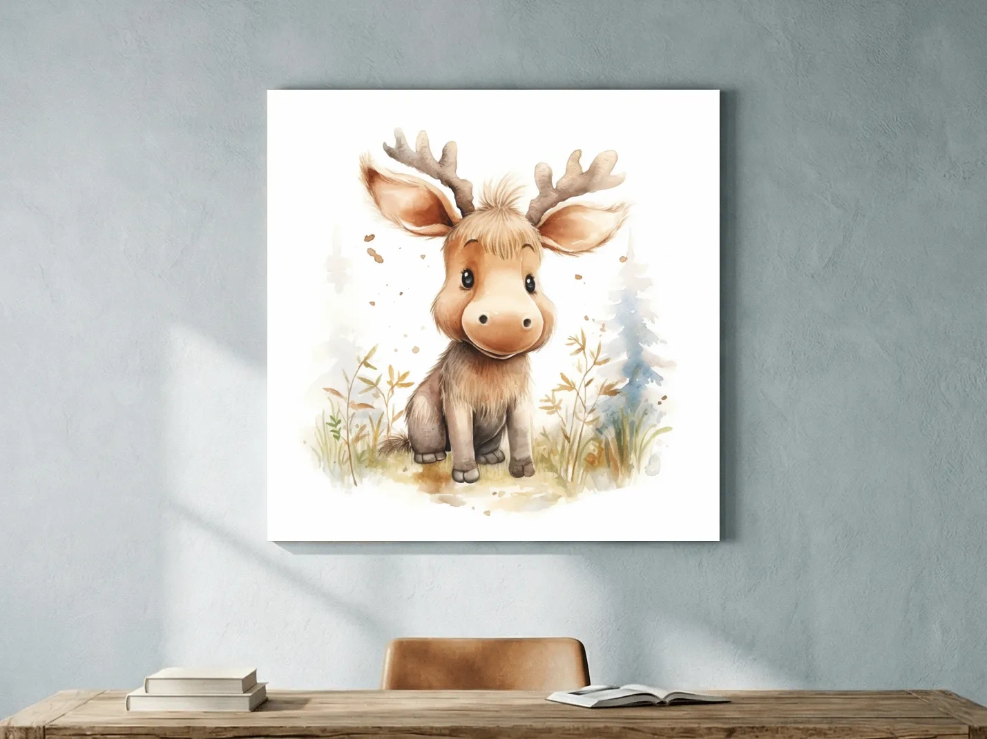 Cute Baby Moose Watercolor Illustration - Woodland Nursery Animal Wall Art