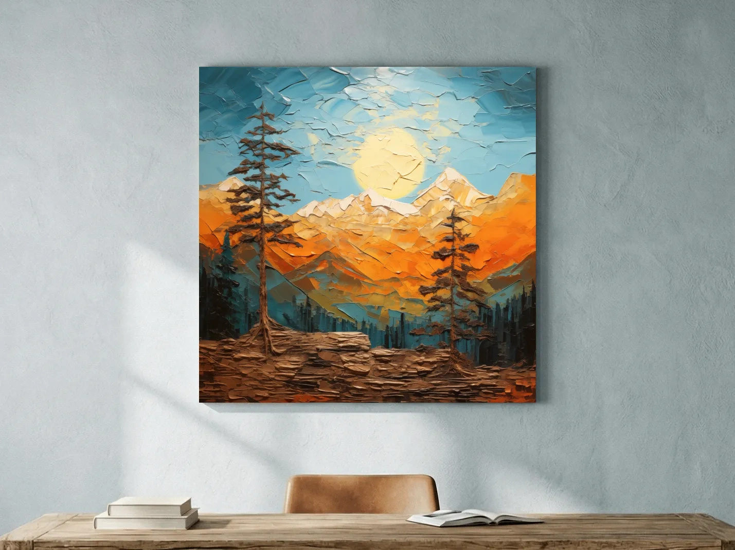 Impasto Style Mountain Sunrise Landscape - Bold Alpine Wall Art