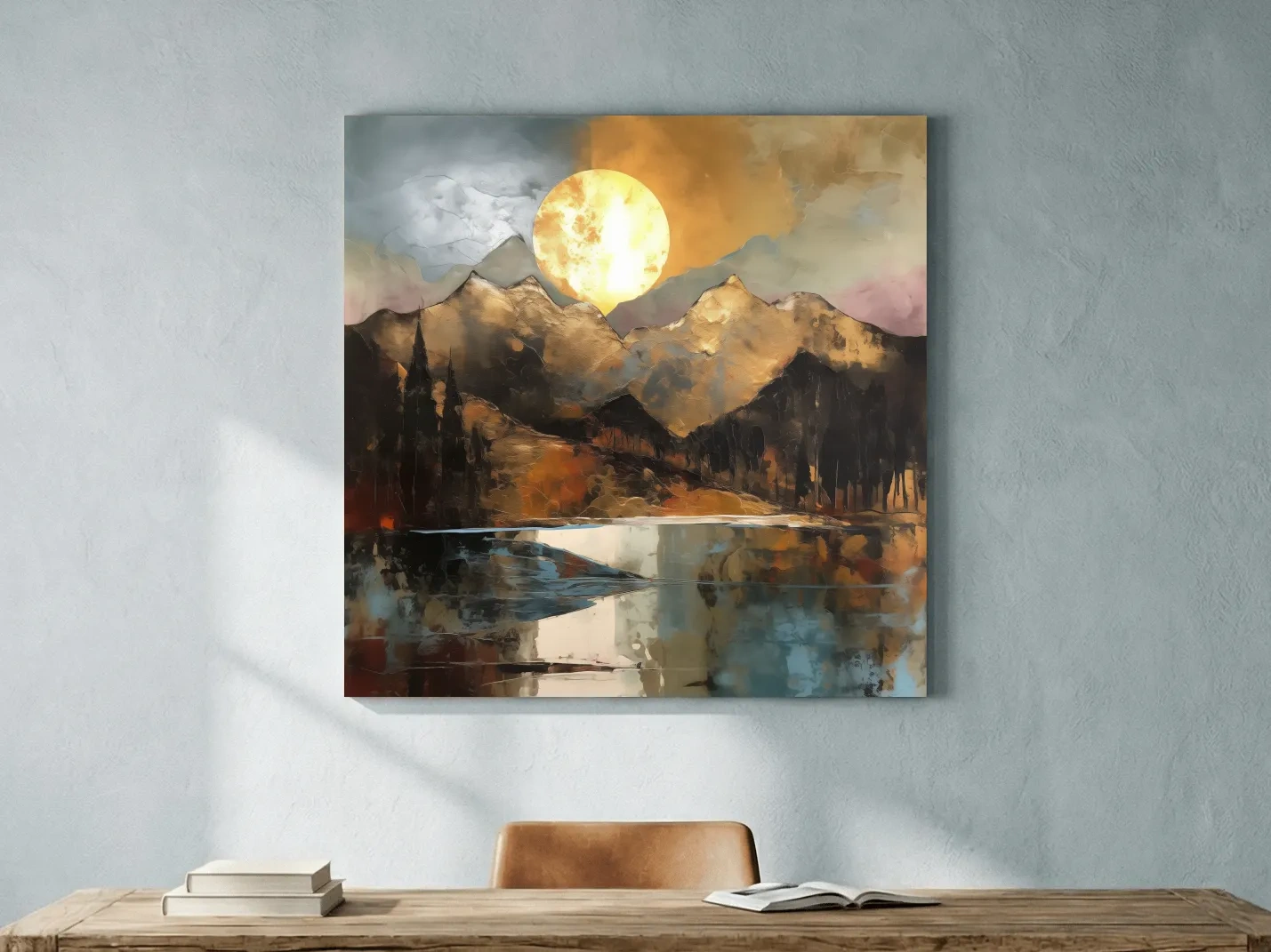 Alpine Mountain Lake Sunset Painting - Golf Leaf Style Wall Art