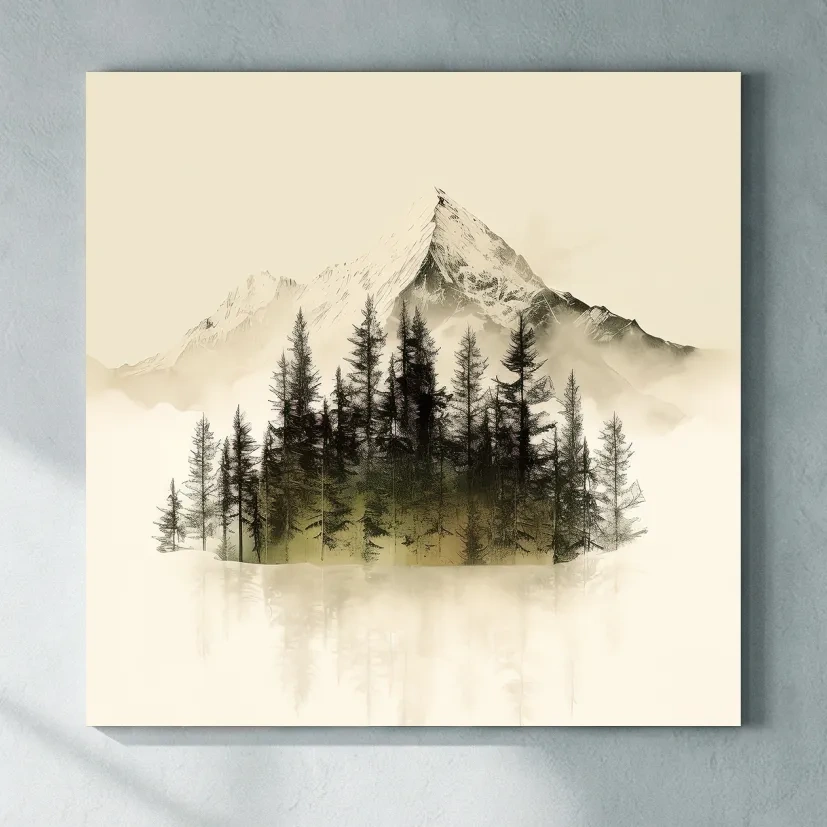 Misty Alpine Mountain Pine Forest Artwork - Minimalist Landscape Wall Art
