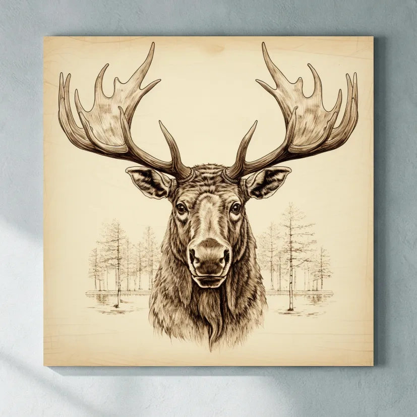 Rustic Sepia Moose Head Sketch - Vintage Woodland Wildlife Wall Art