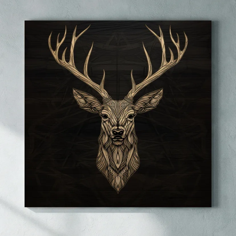 Elegant Geometric Deer Head Line Art - Rustic Woodcut Style Wildlife Artwork