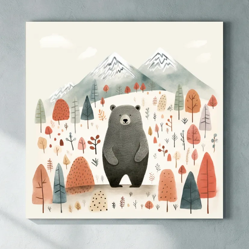Cute Bear In Autumn Mountains - Scandinavian Nursery Woodland Animal Wall Art