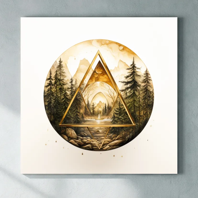 Rustic Mountain Forest Watercolor - Gold Sepia Landscape Wall Art