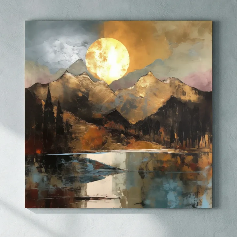 Alpine Mountain Lake Sunset Painting - Golf Leaf Style Wall Art