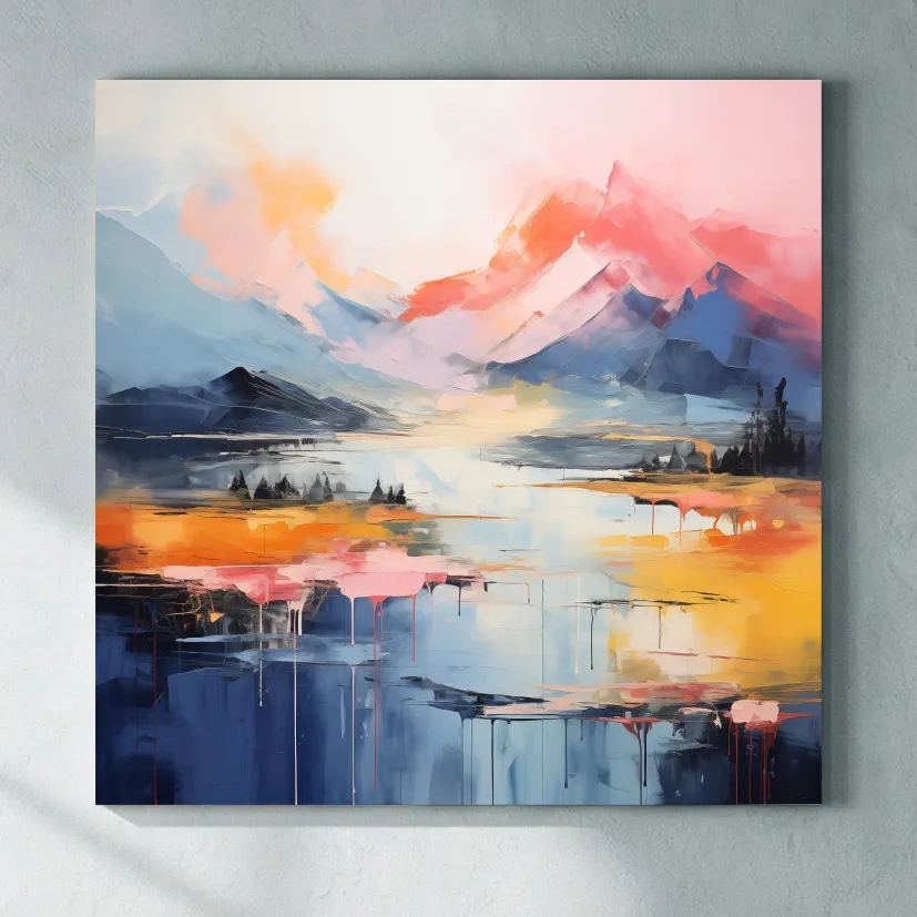 Vibrant Abstract Mountain Lake Sunset Painting - Colorful Modern Landscape Wall Art
