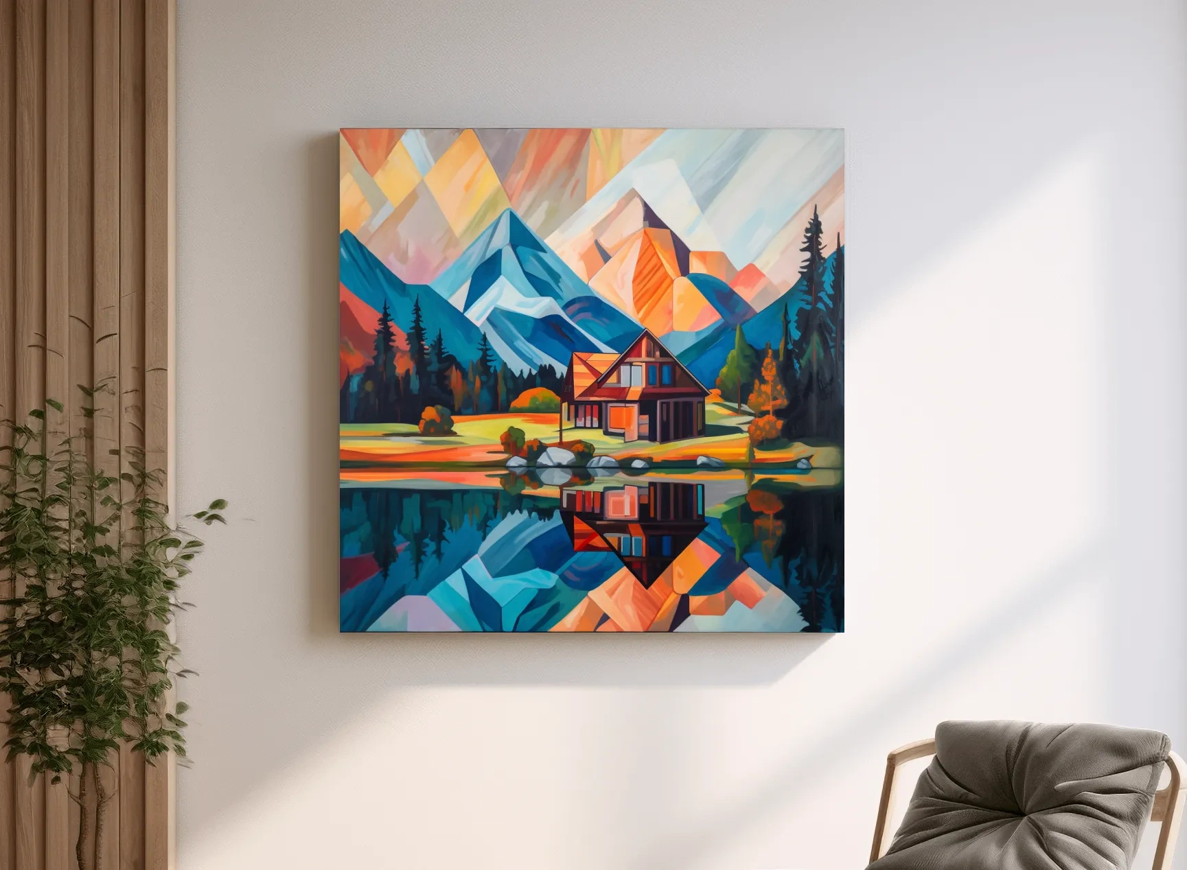 Vibrant Geometric Mountain Cabin Lake Reflection - Abstract Sunrise Wall Art