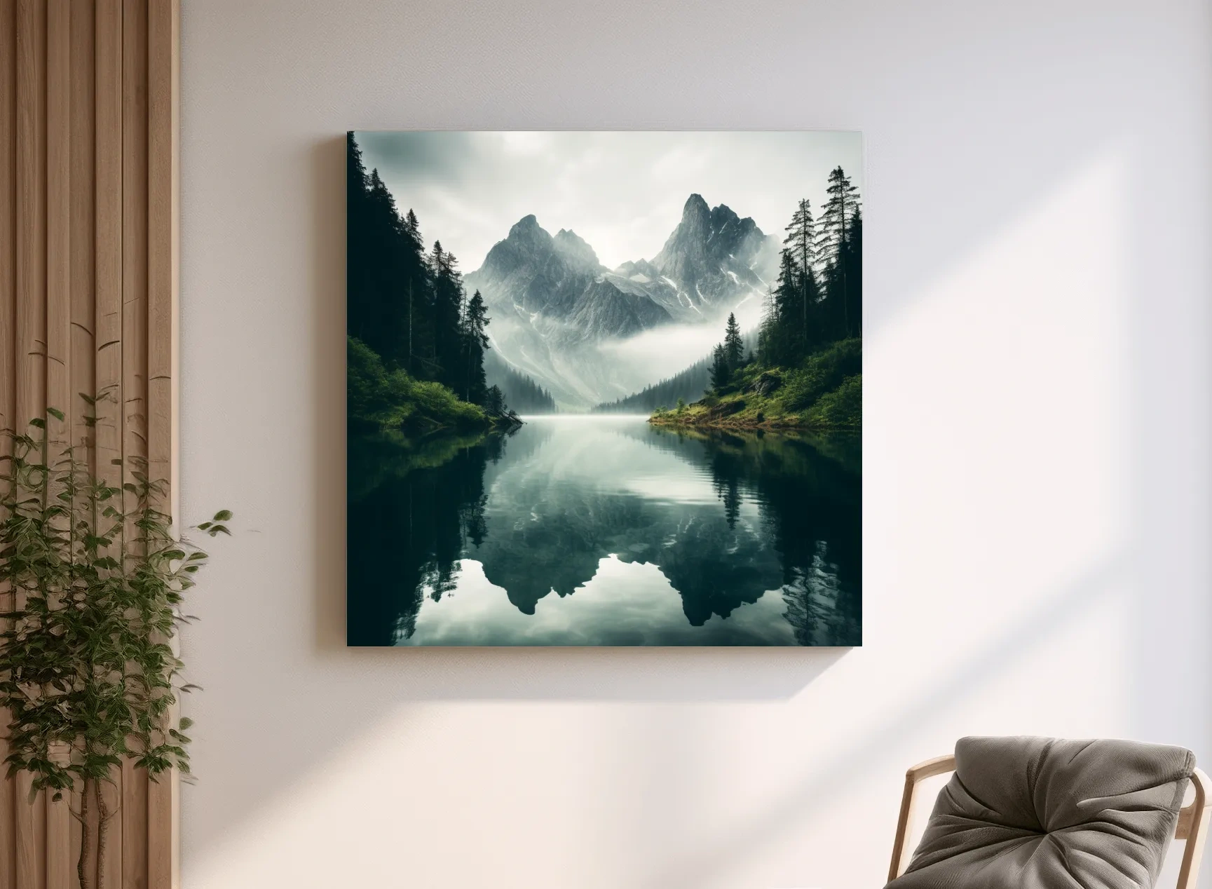 Misty Alpine Mountain Lake Reflection - Moody Pine Forest Photographic Wall Art
