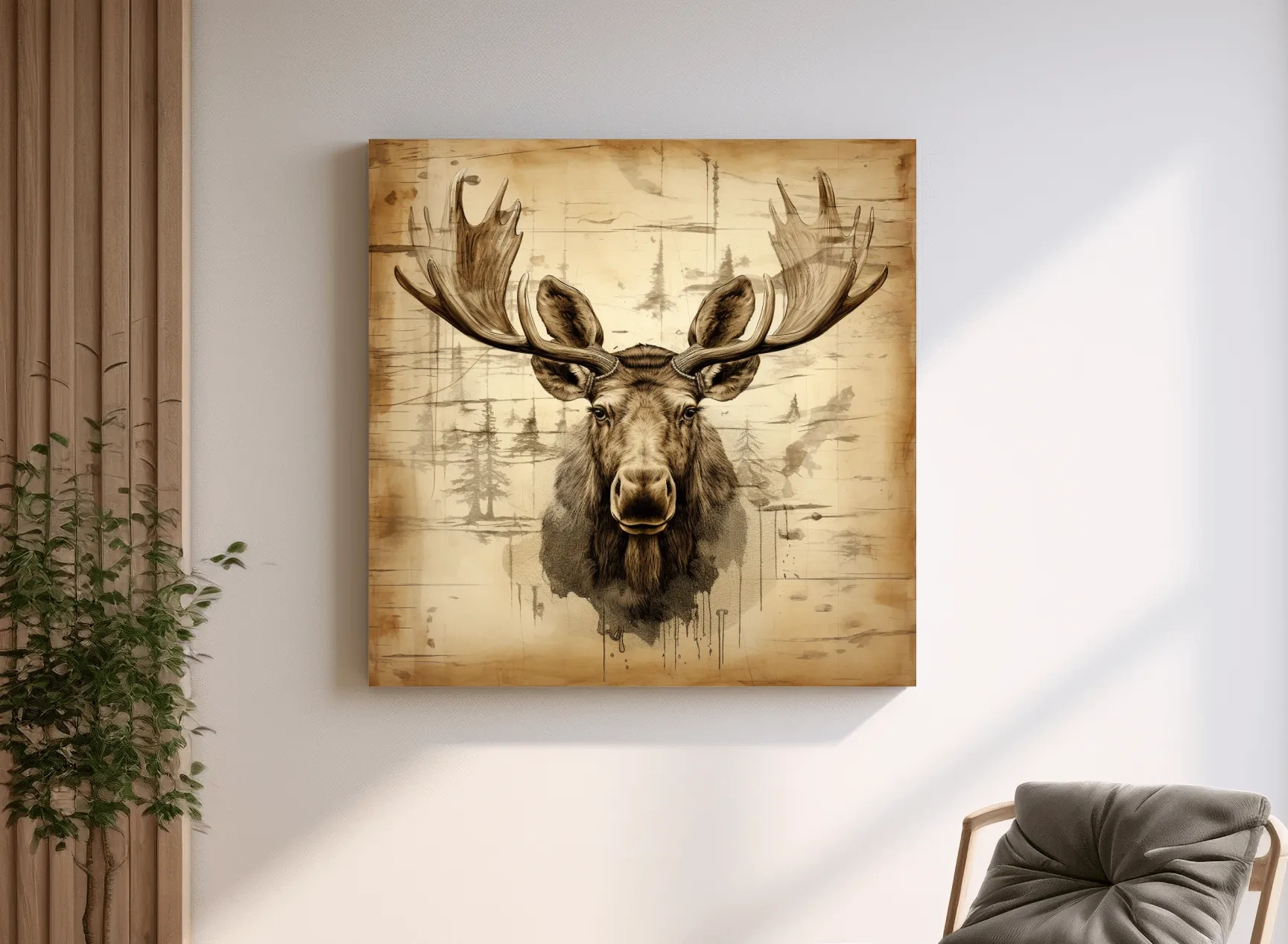 Rustic Sepia Moose Portrait Sketch - Vintage Lodge Wildlife Wall Art
