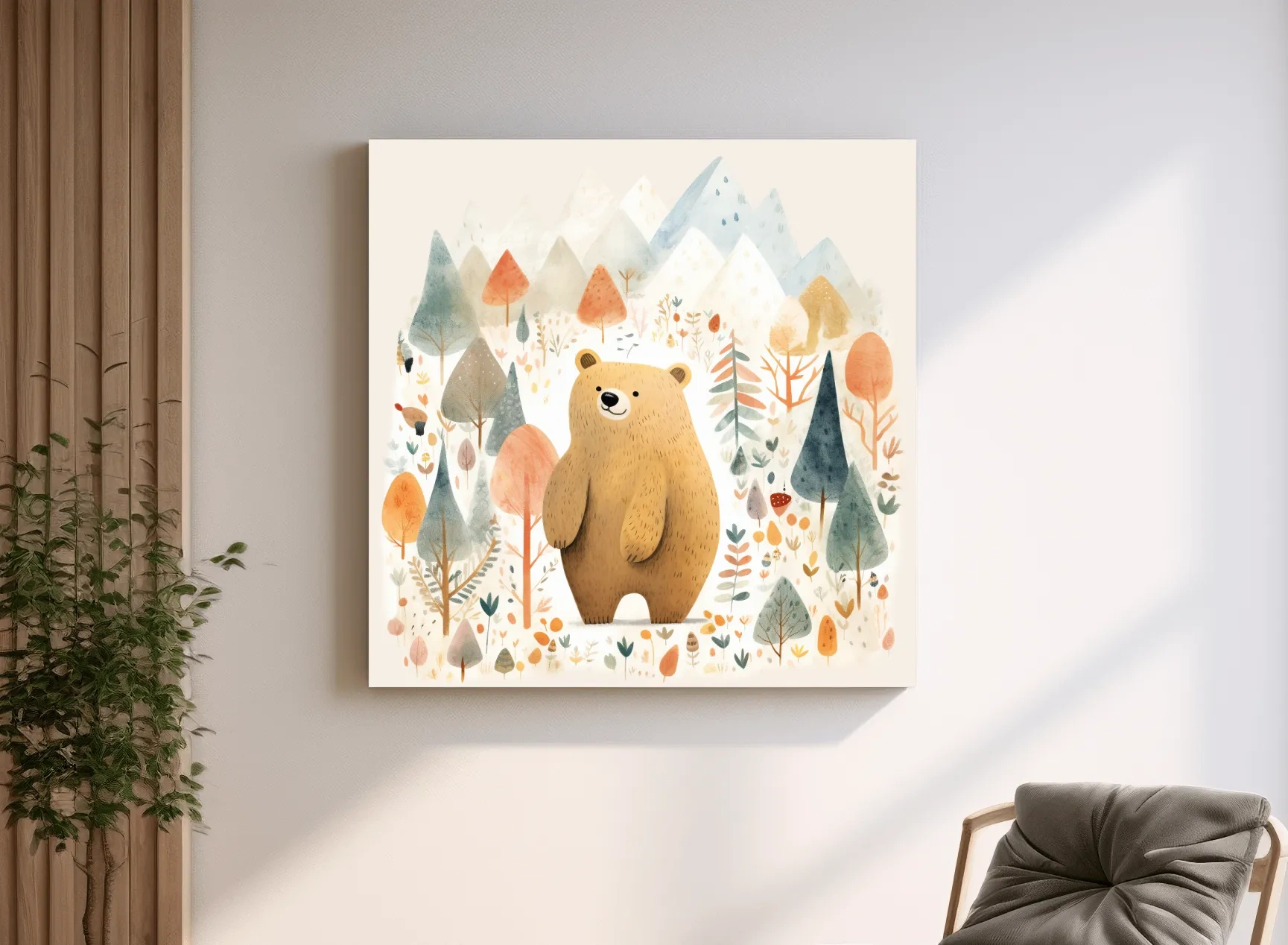 Cute Watercolor Bear In Mountain Forest - Whimsical Nursery Wall Art