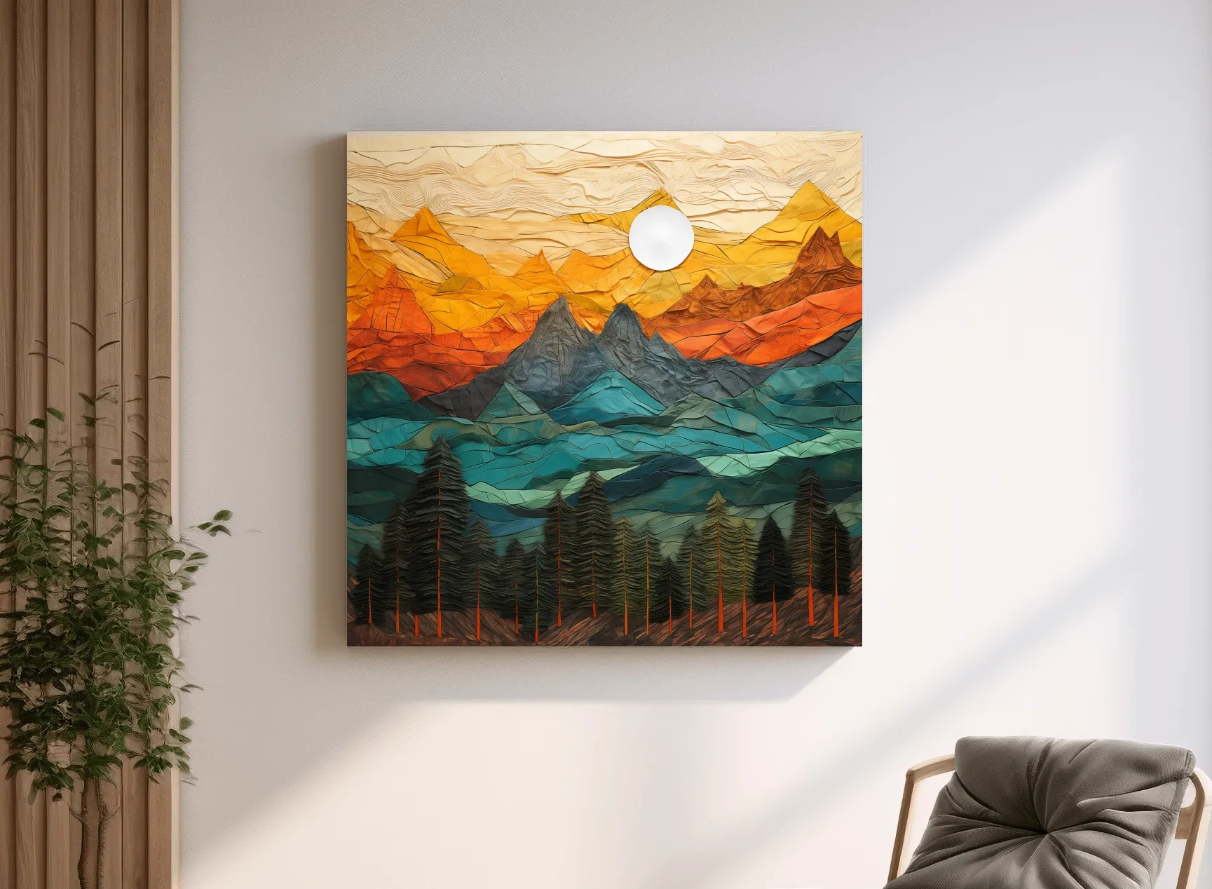 Layered Paper Cut Style Mountain Sunset - Colorful Abstract Forest Landscape Wall Art