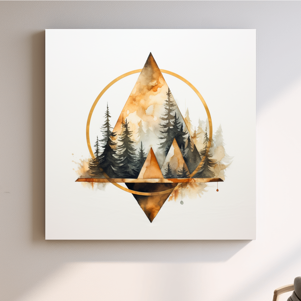 Geometric Watercolor Mountain & Pine Forest - Modern Rustic Nature Wall Art