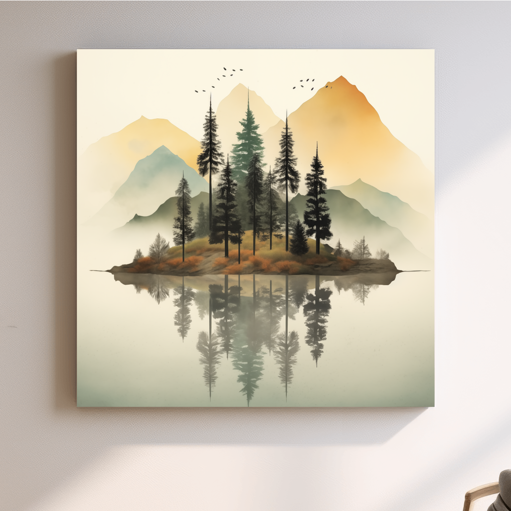 Misty Pine Forest Island Reflection - Minimalist Mountain Lake Wall Art