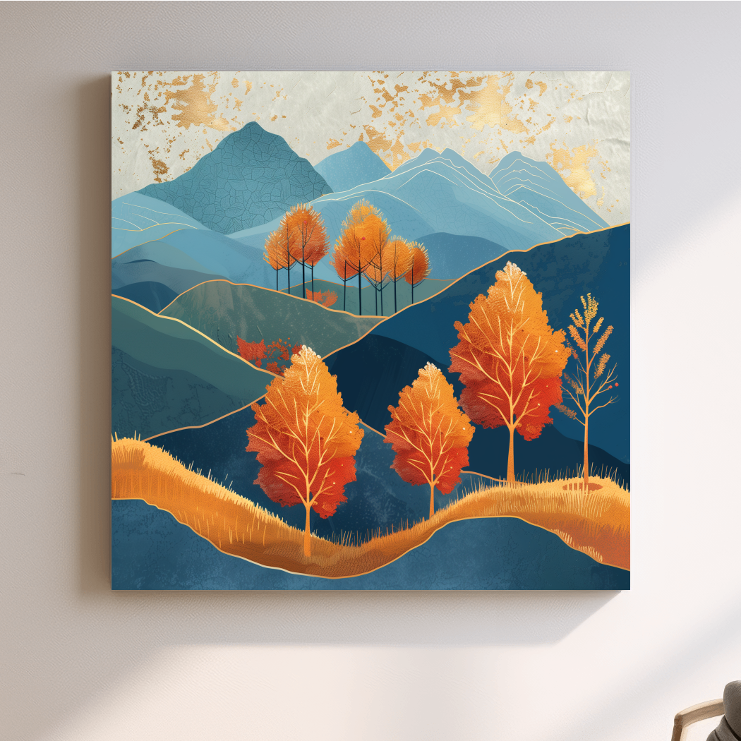 Autumn Aspen Trees In Layered Blue Mountains - Modern Gold Leaf Style Wall Art