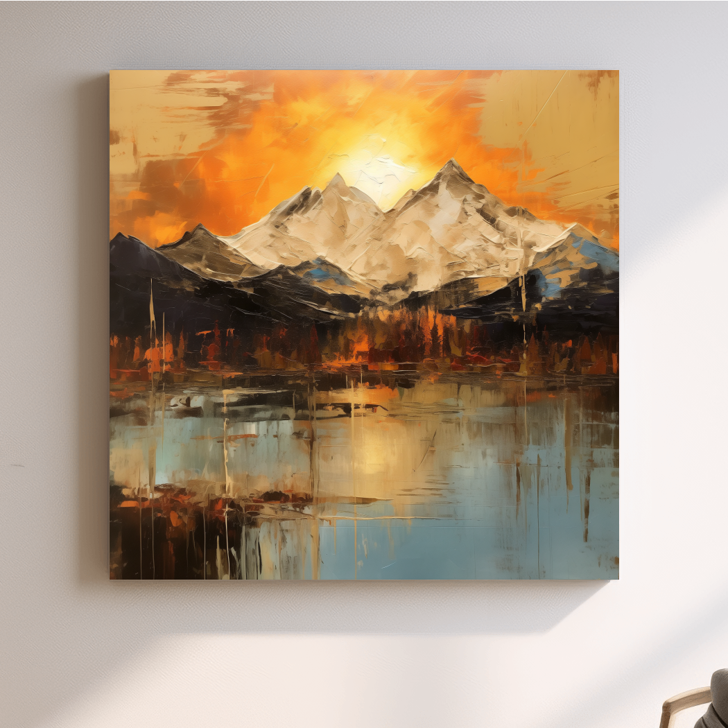 Abstract Mountain Lake Sunset - Textured Effect Alpine Wall Art