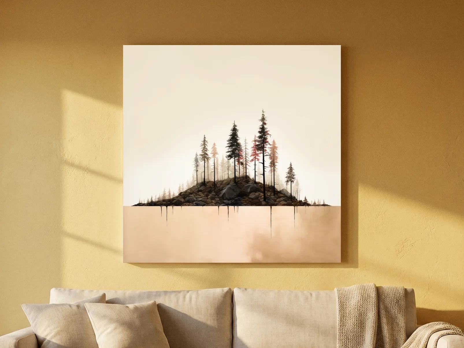 Minimalist Pine Forest Lake Illustration - Scandinavian Landscape Artwork
