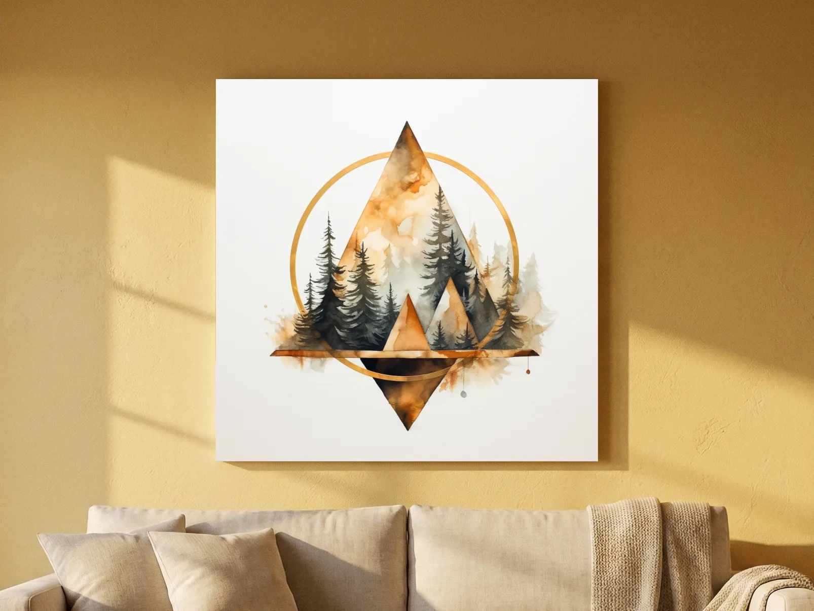 Geometric Watercolor Mountain & Pine Forest - Modern Rustic Nature Wall Art