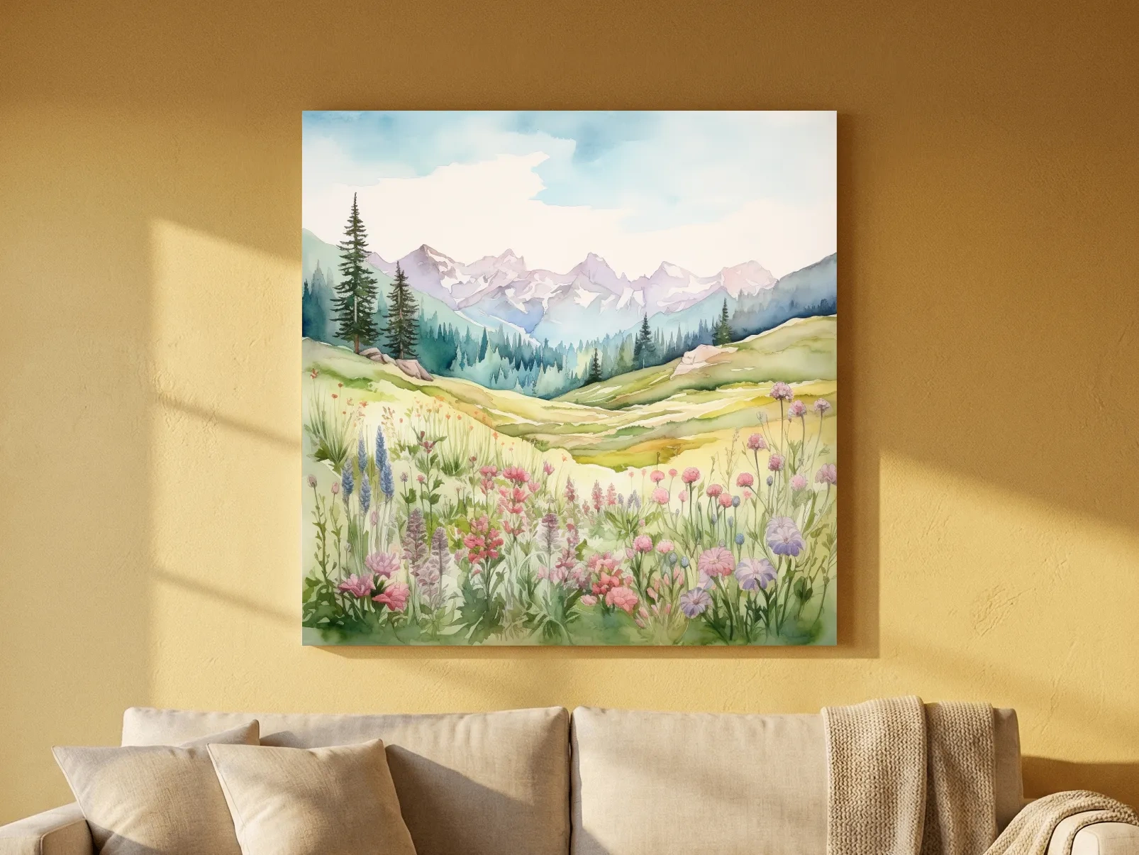 Alpine Meadows Wildflower Watercolour - Pastel Mountains Landscape Wall Art