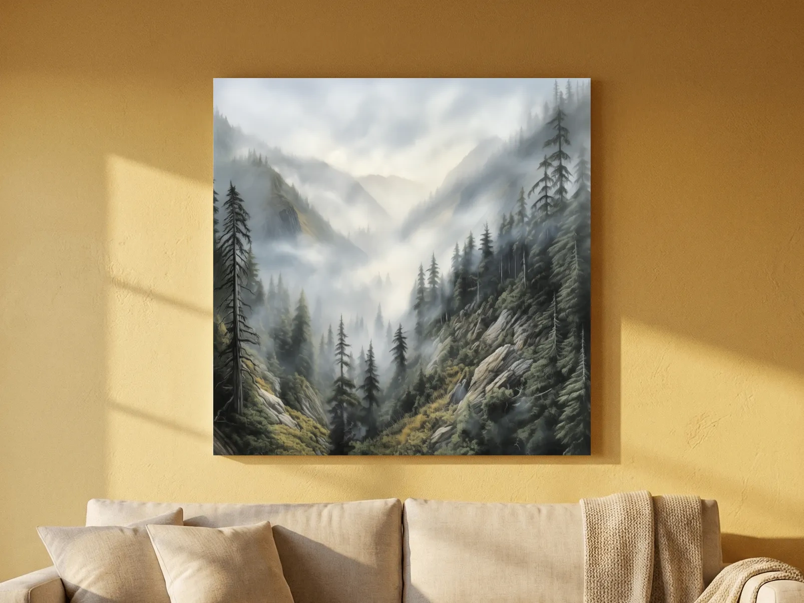 Misty Mountain Valley Pine Forest Painting - Foggy Alpine Landscape Wall Art