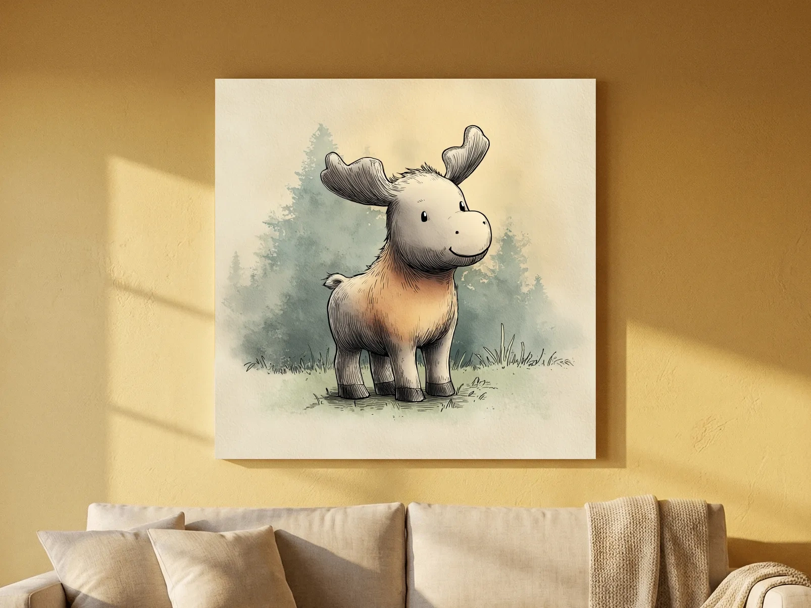 Cute Baby Moose Watercolor Illustration - Woodland Nursery Animal Wall Art