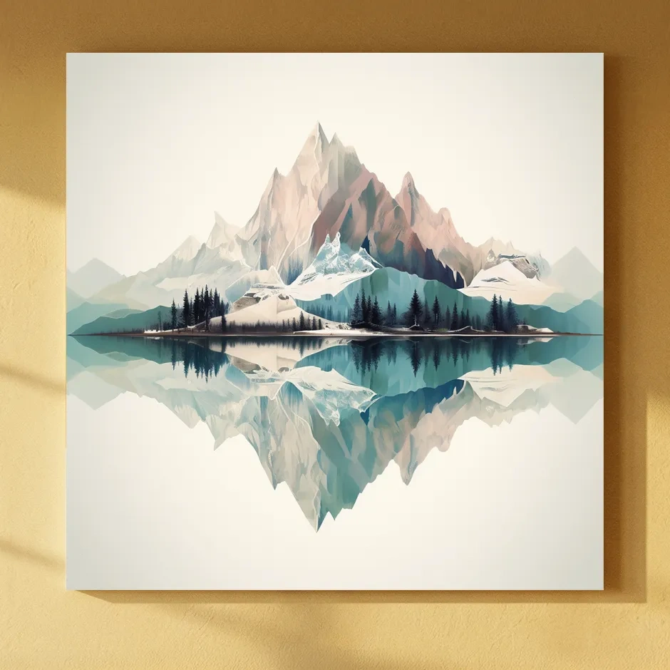 Minimalist Alpine Mountain Lake Reflection - Serene Pastel Watercolour Wall Art