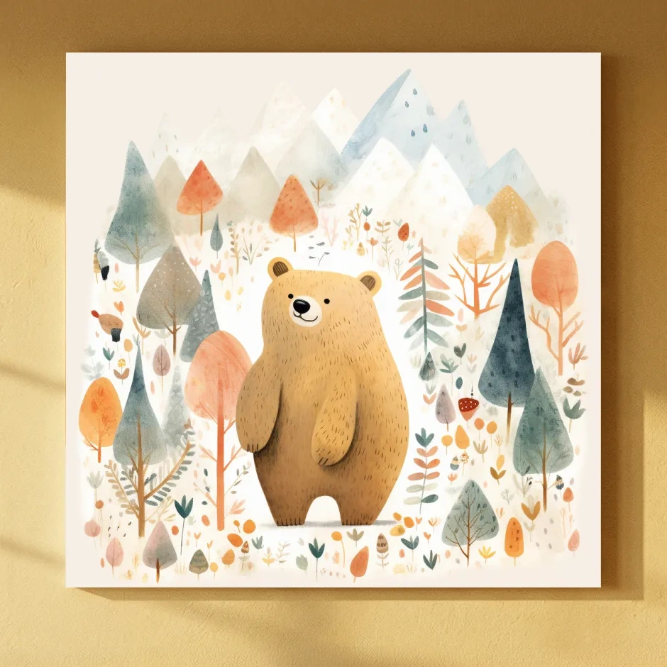 Cute Watercolor Bear In Mountain Forest - Whimsical Nursery Wall Art