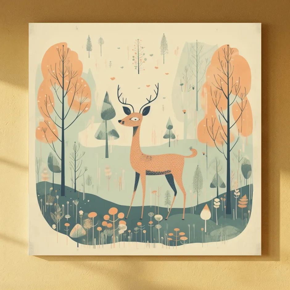 Whimsical Deer in Pastel Forest Illustration - Folk Art Woodland Nursery Wall Art