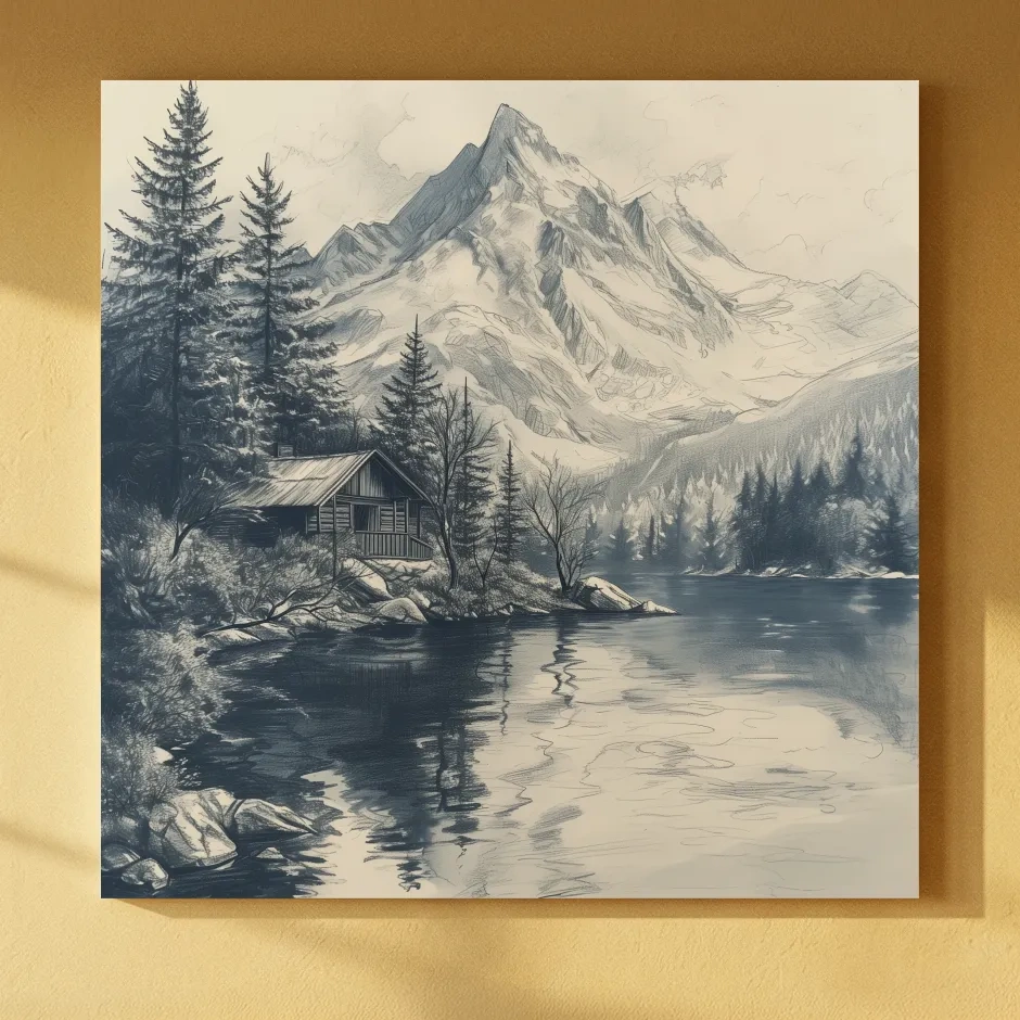 Vintage Alpine Cabin By Mountain Lake - Monochrome Pencil Sketch Landscape Wall Art