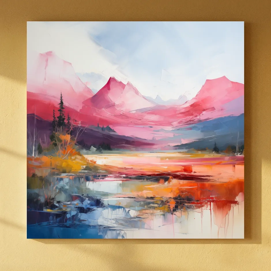 Vibrant Abstract Impressionist Alpine Lake Sunset Painting - Colorful Mountain Wall Art