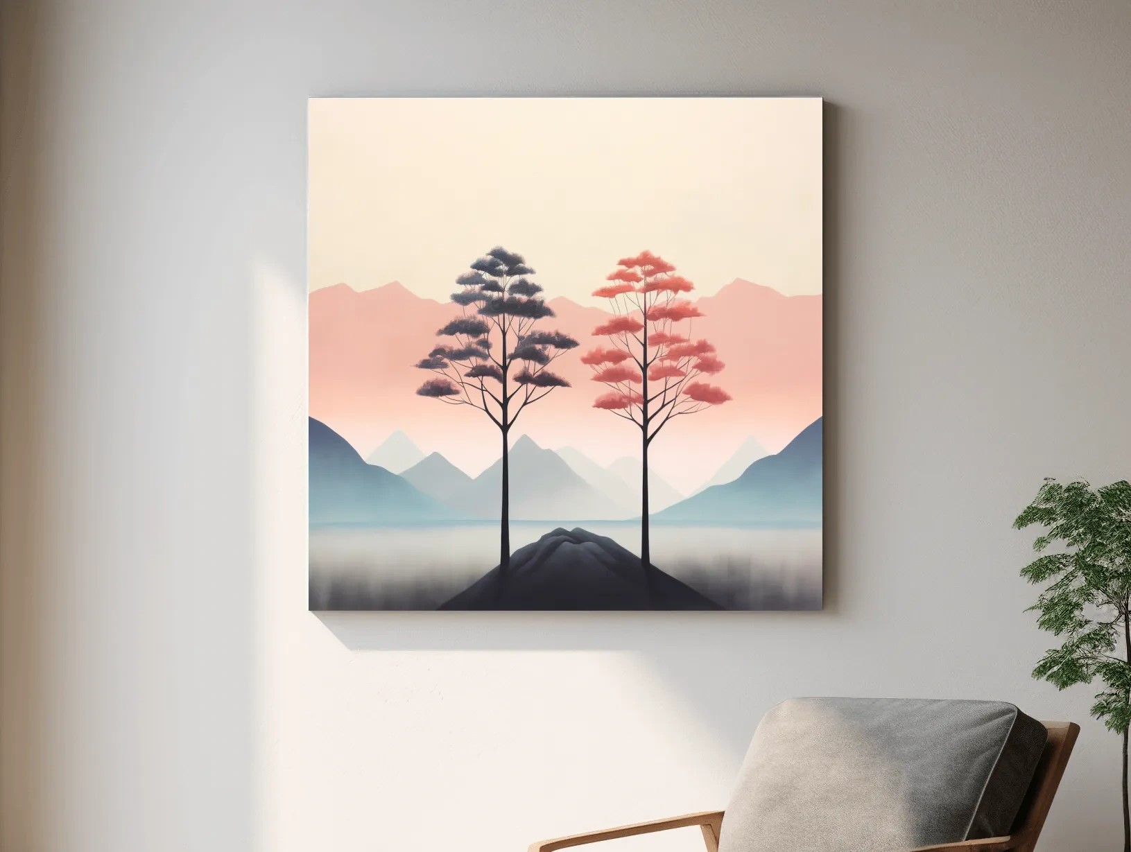 Minimalist Twin Pine Trees Landscape - Serene Pastel Mountain Lake Wall Art