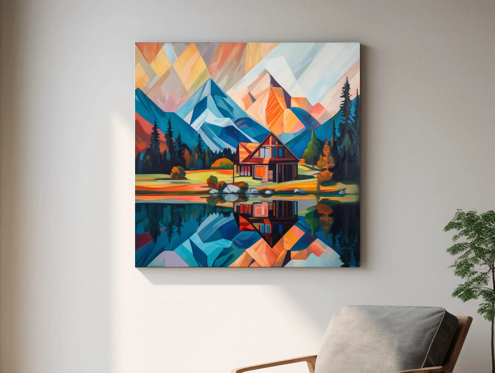 Vibrant Geometric Mountain Cabin Lake Reflection - Abstract Sunrise Wall Art