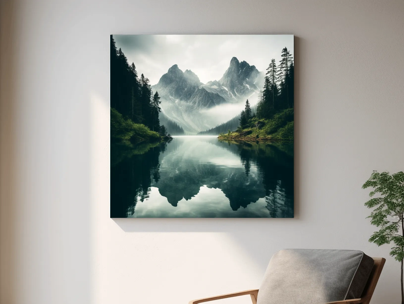 Misty Alpine Mountain Lake Reflection - Moody Pine Forest Photographic Wall Art