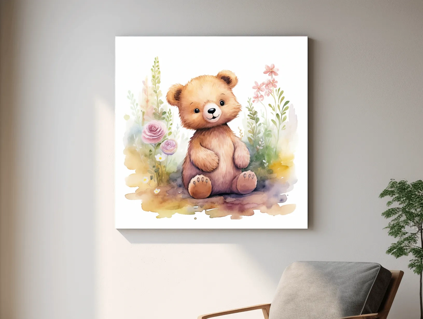 Cute Watercolor Teddy Bear With Pastel Flowers - Nursery Animal Wall Art
