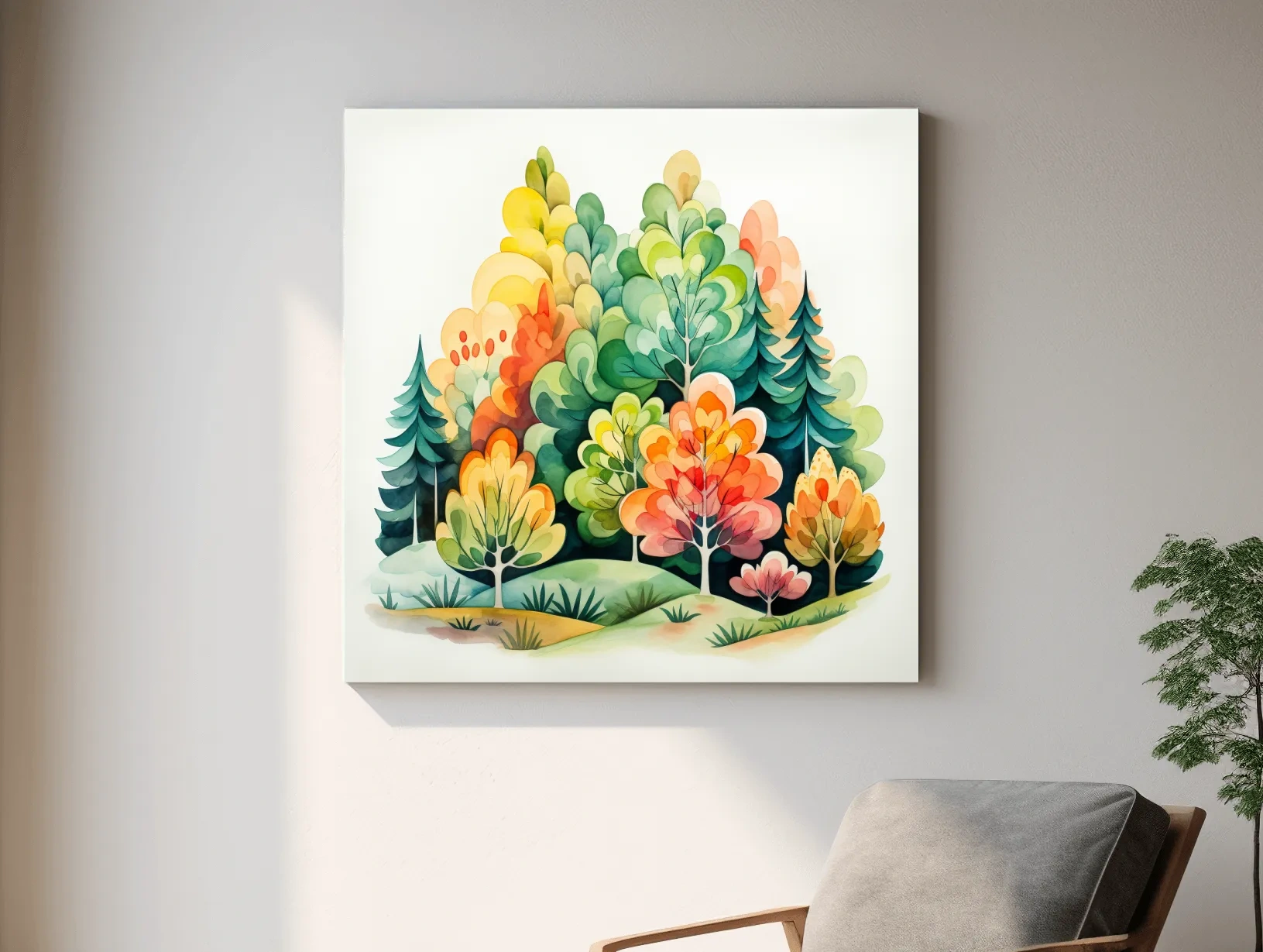 Whimsical Watercolor Forest Trees Illustration - Colorful Botanical Wall Art