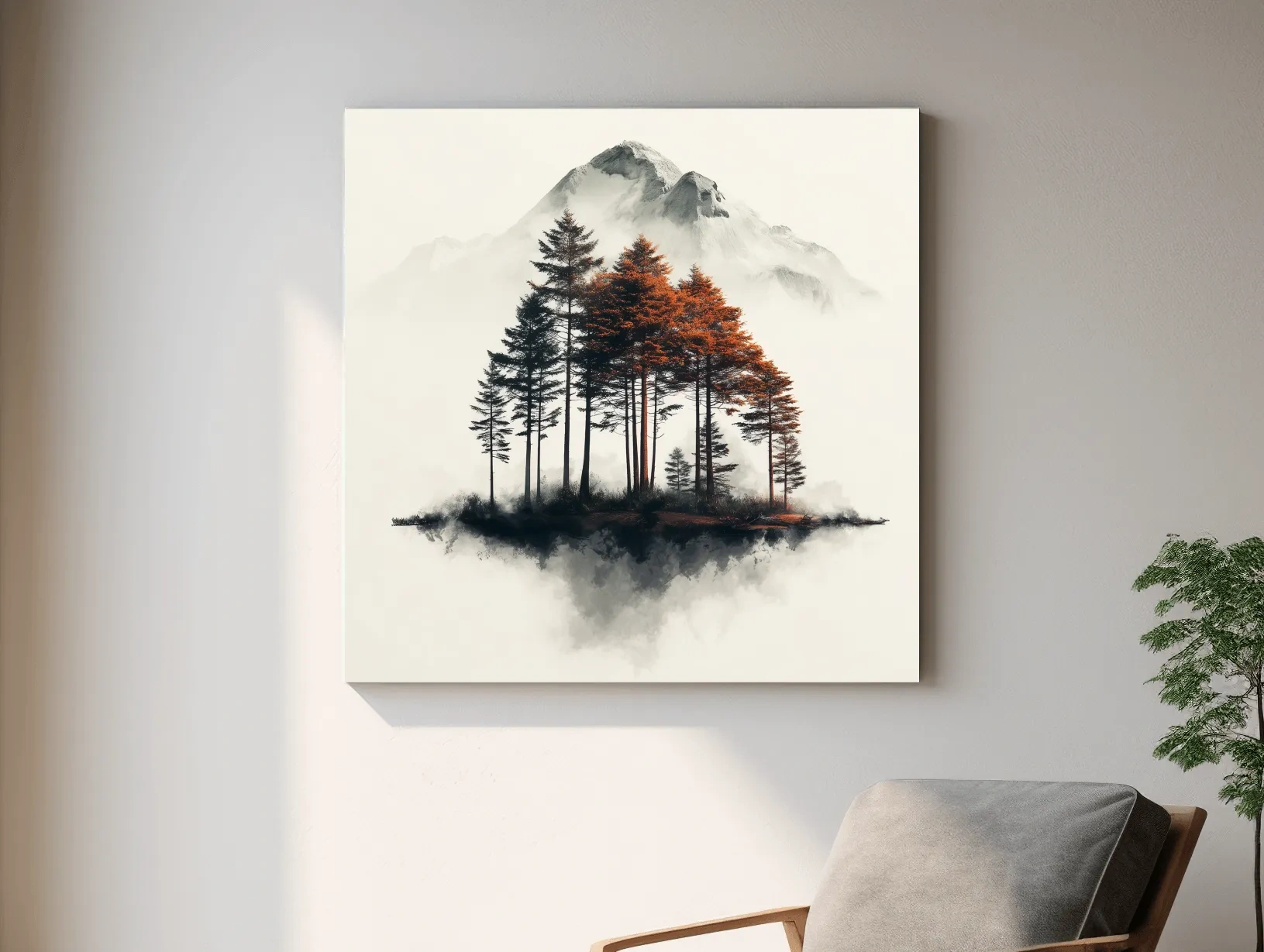 Misty Mountain Pine Forest Watercolor - Autumn Landscape Wall Art