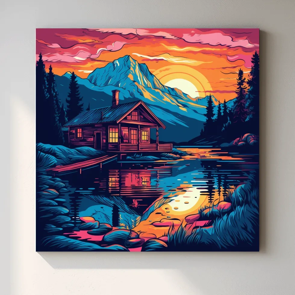 Vibrant Retro Alpine Lake Cabin Sunset - Vector Mountain Wall Art