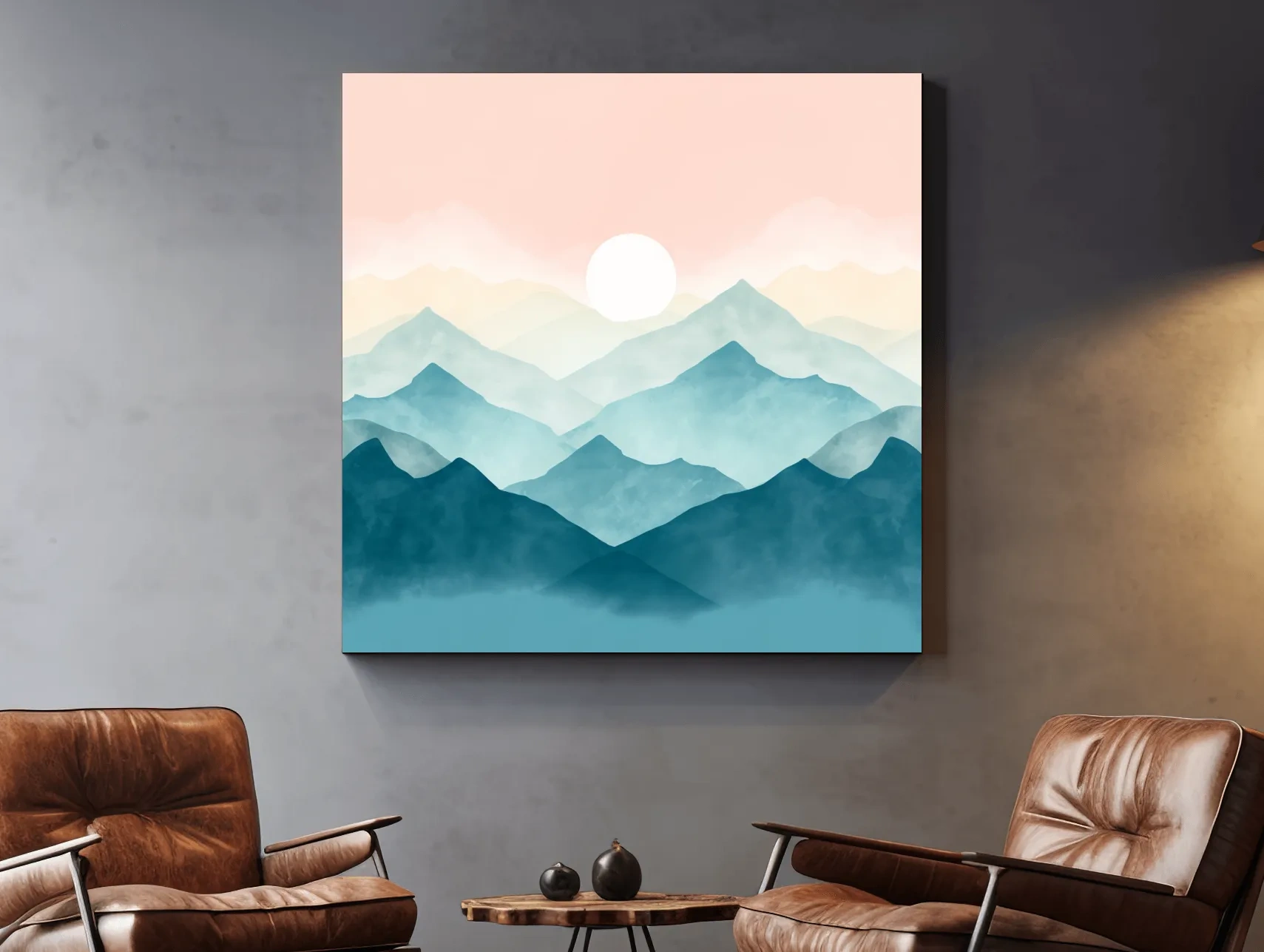 Minimalist Watercolor Misty Mountain Sunrise - Pastel Alpine Landscape Wall Art