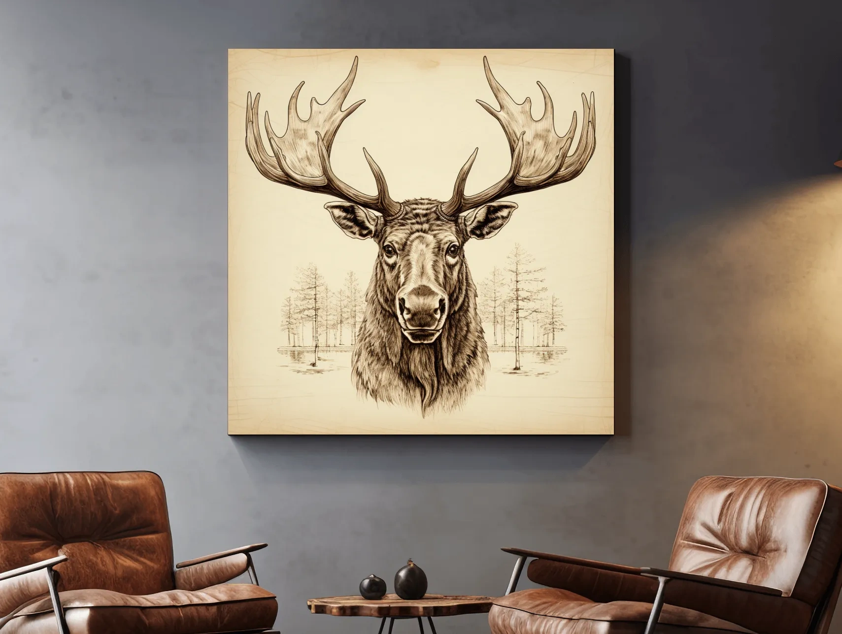 Rustic Sepia Moose Head Sketch - Vintage Woodland Wildlife Wall Art