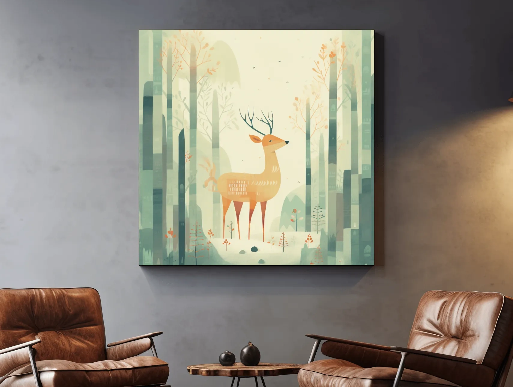 Whimsical Deer In Misty Forest - Minimalist Woodland Nursery Wall Art