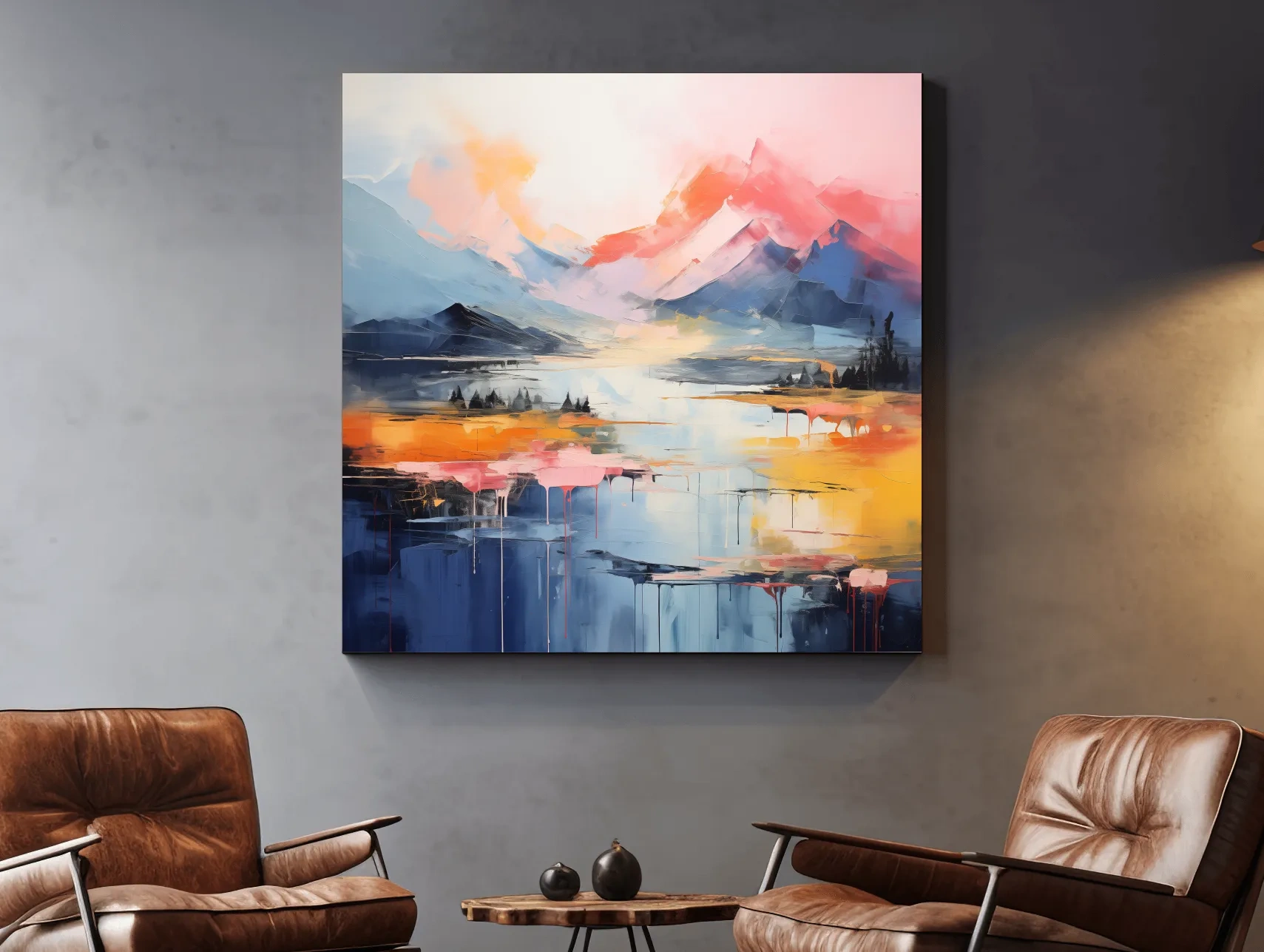 Vibrant Abstract Mountain Lake Sunset Painting - Colorful Modern Landscape Wall Art