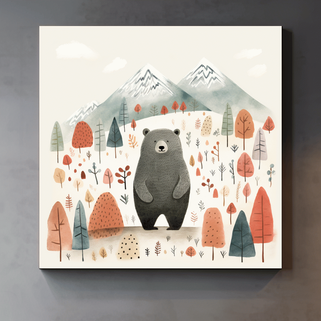 Cute Bear In Autumn Mountains - Scandinavian Nursery Woodland Animal Wall Art