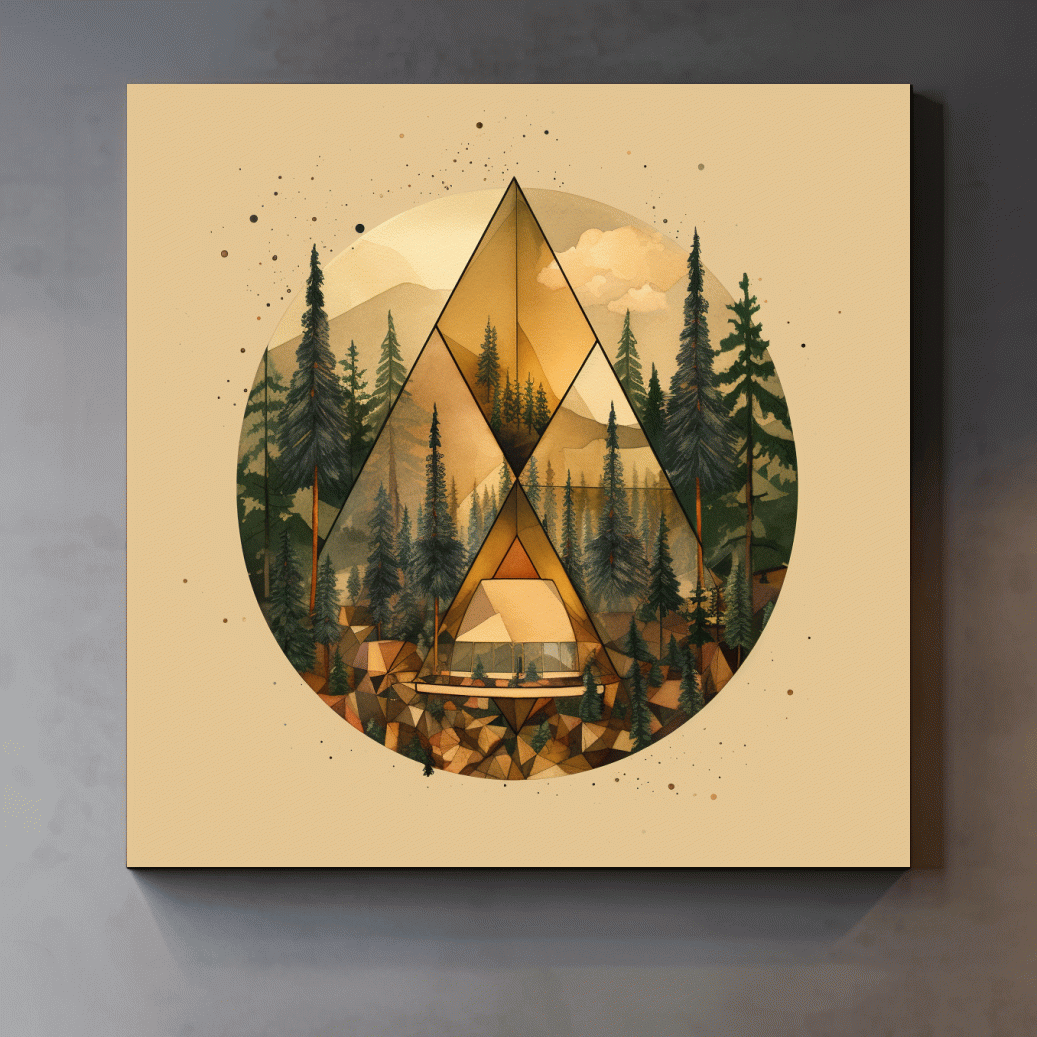 Geometric Mountain Cabin Forest Landscape - Modern Abstract Nature Wall Art
