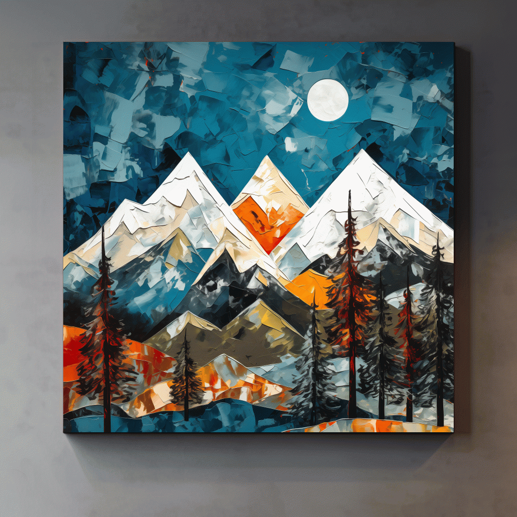 Abstract Impasto Style Mountain Nightscape - Moonlit Alpine Landscape Wall Art