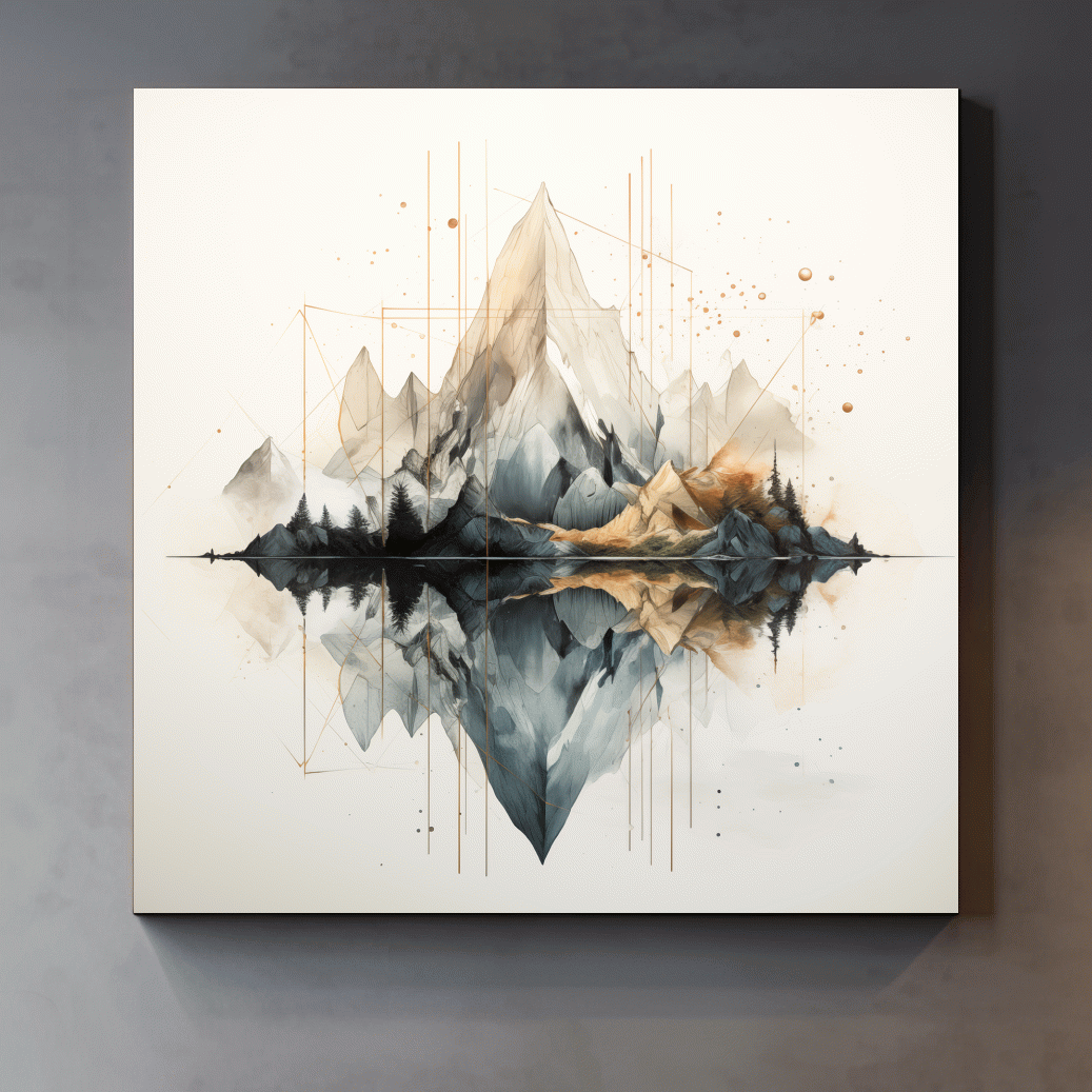 Geometric Watercolor Mountain Reflection Landscape - Modern Minimalist Wall Art