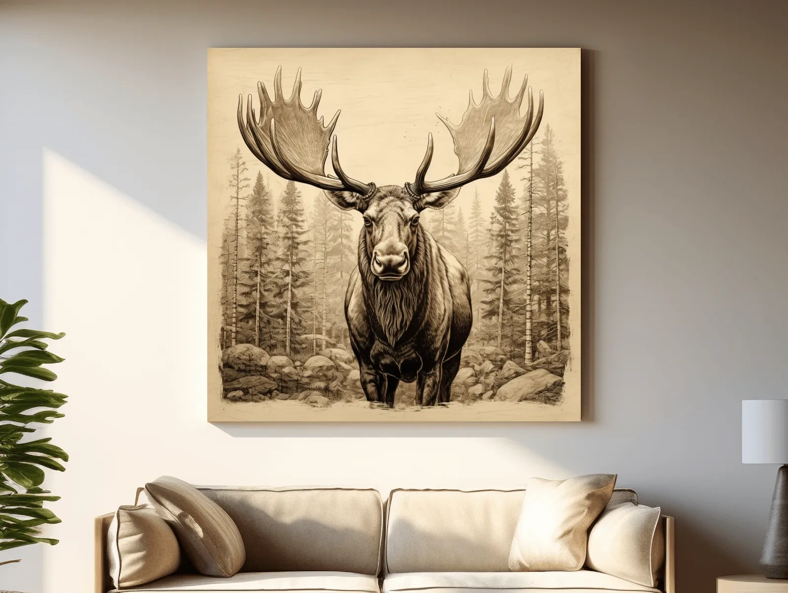 Majestic Moose Portrait Sketch - Vintage Sepia Wildlife Wall Art