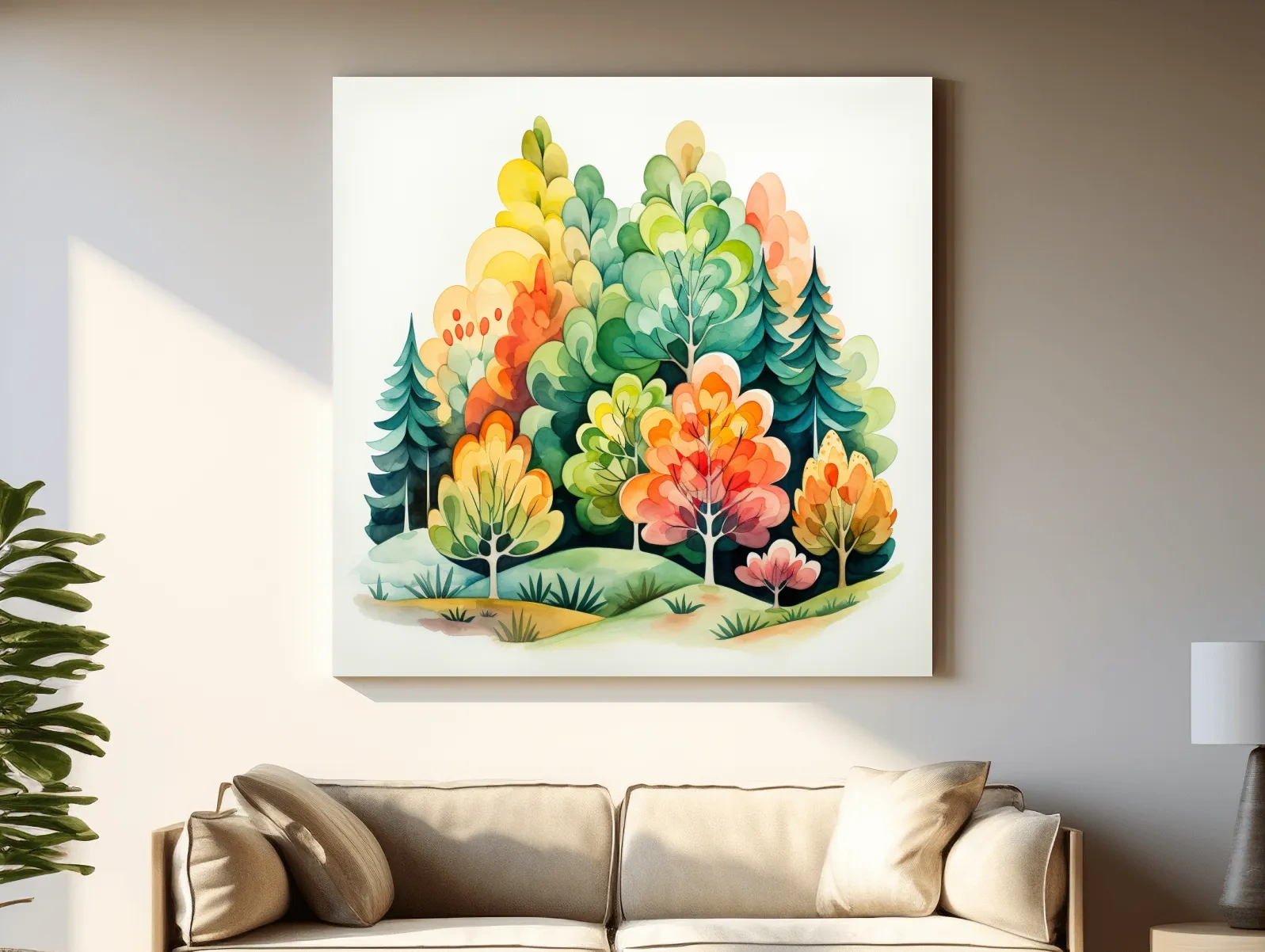 Whimsical Watercolor Forest Trees Illustration - Colorful Botanical Wall Art