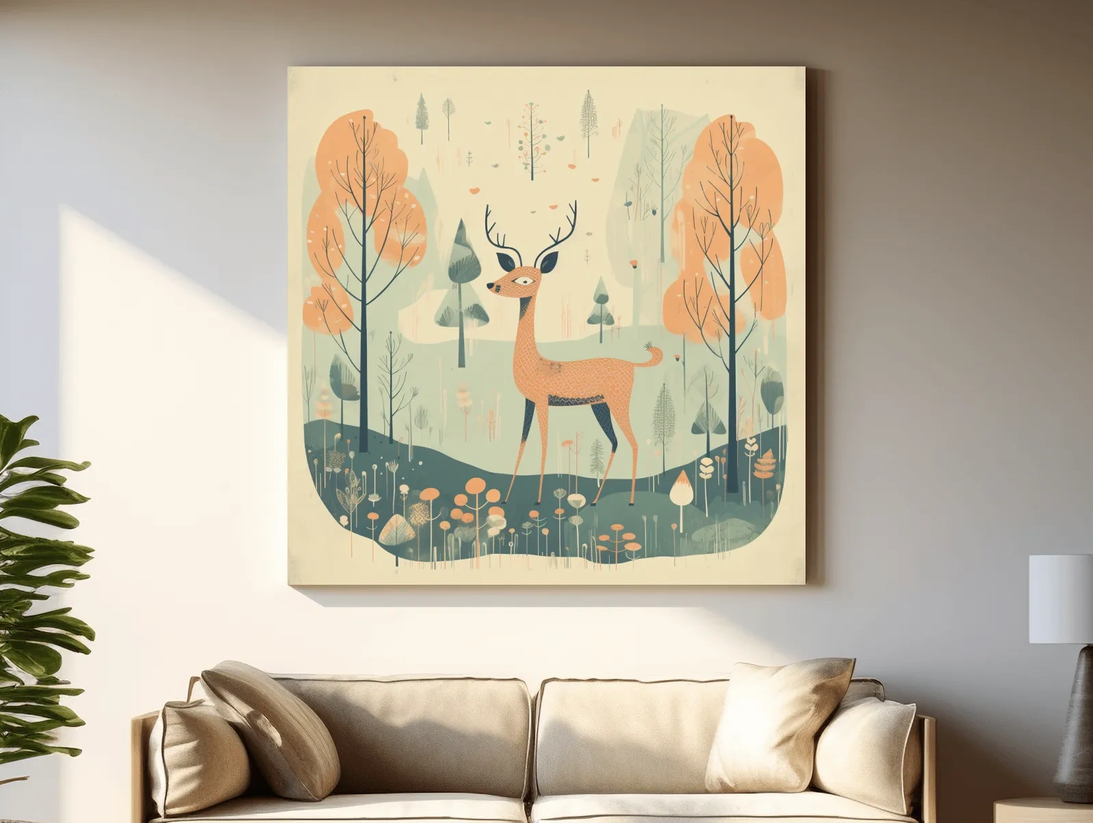 Whimsical Deer in Pastel Forest Illustration - Folk Art Woodland Nursery Wall Art