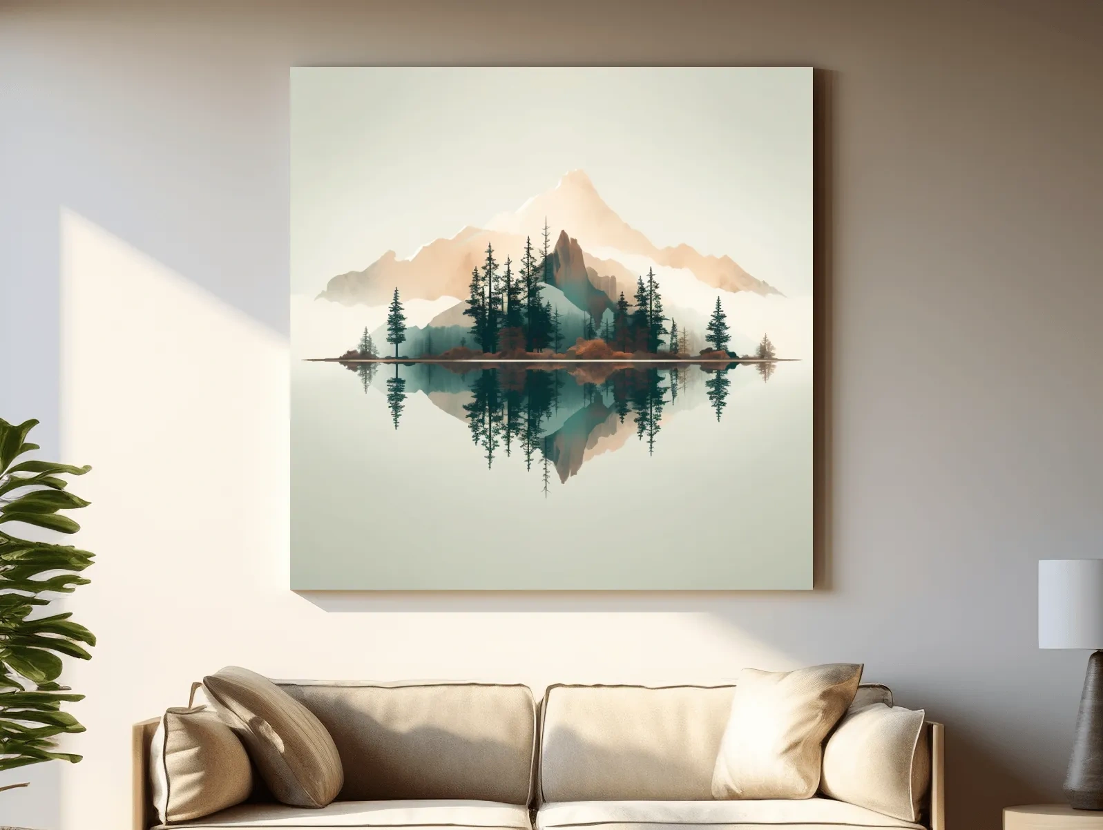 Minimalist Watercolor Mountain Lake Reflection - Serene Pine Forest Landscape Wall Art