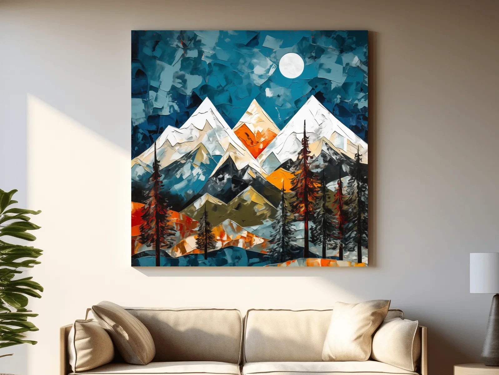 Abstract Impasto Style Mountain Nightscape - Moonlit Alpine Landscape Wall Art