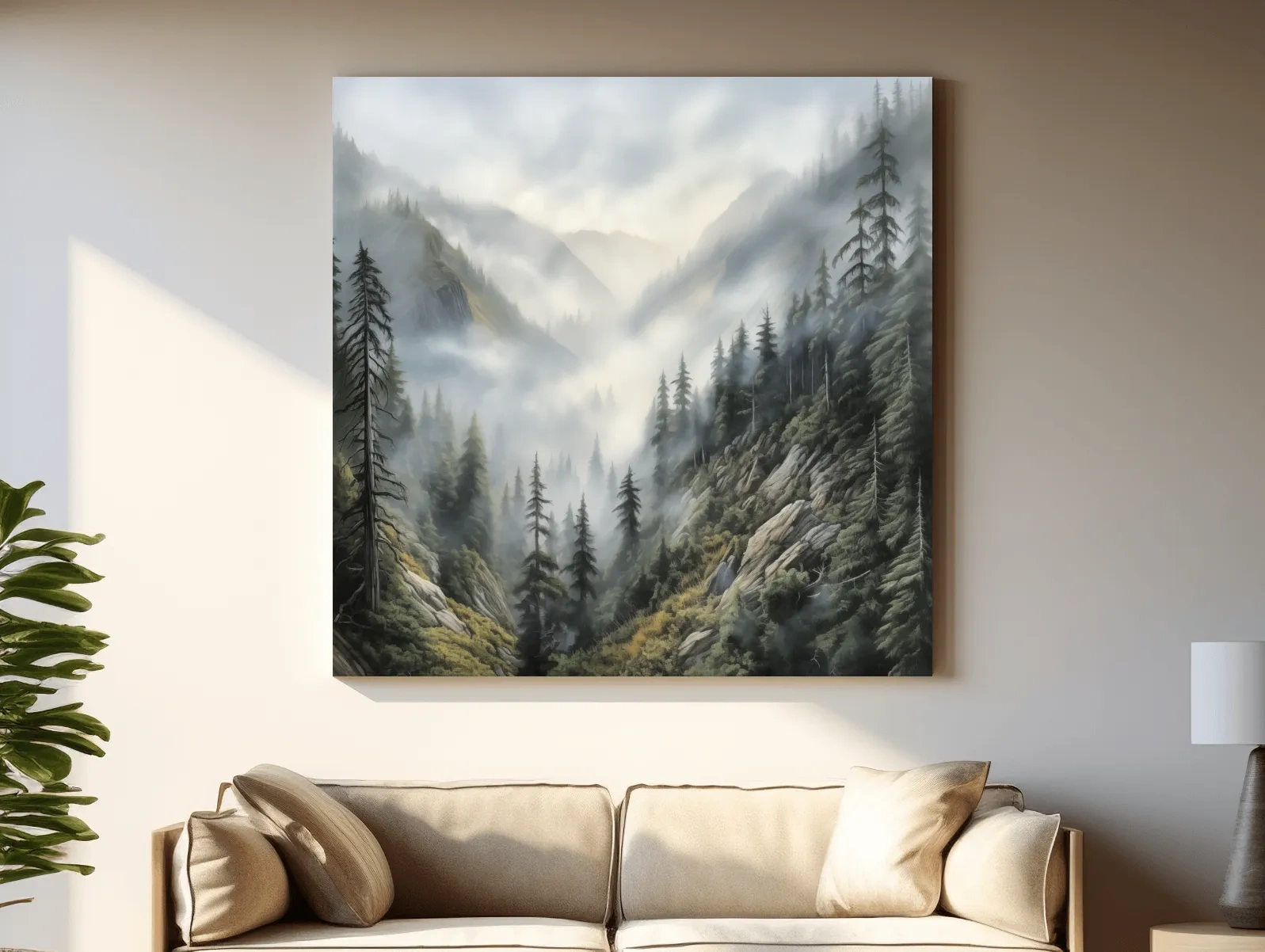 Misty Mountain Valley Pine Forest Painting - Foggy Alpine Landscape Wall Art
